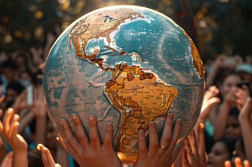 Manos sosteniendo un globo terráqueo en alto entre una multitud